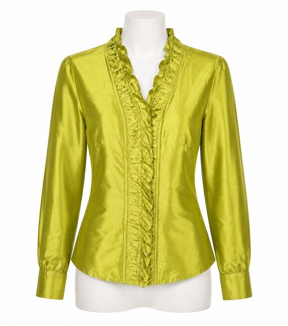 J. McLaughlin Tops - J. McLaughlin 100% Silk Shirt Size 4 Green Ruffle Neck Front Button Long Sleeve